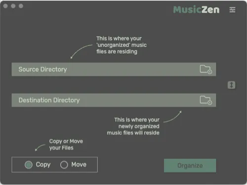 MusicZen home screen showing search and organize interface